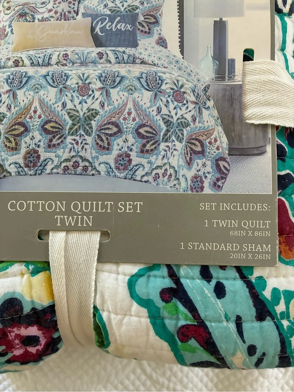 Azura Cotton Twin Quilt Set in Teal, Green, Yellow and Coral Floral